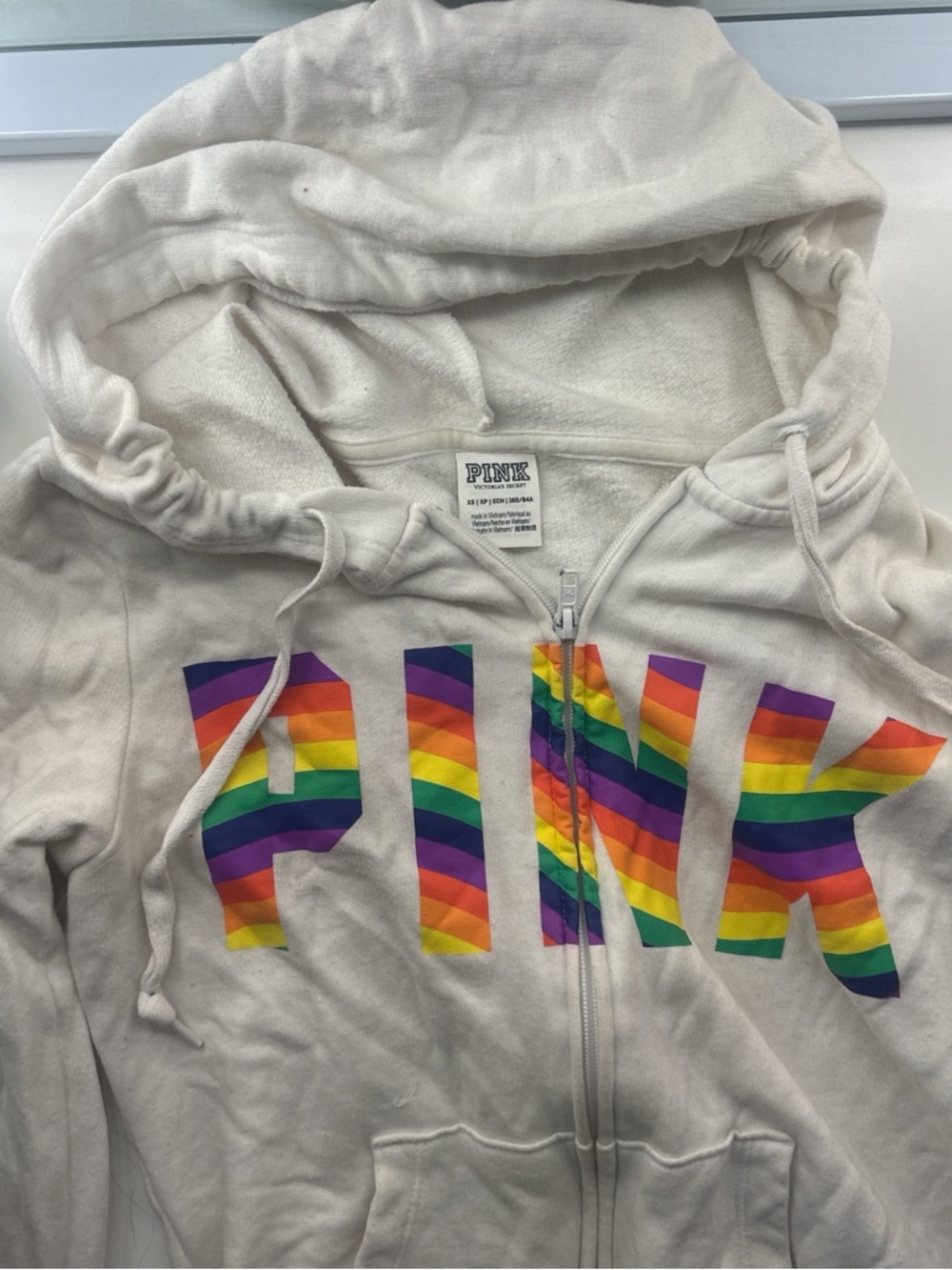 PINK Victoria's Secret Cream Zip Hoodie with Rainbow Logo